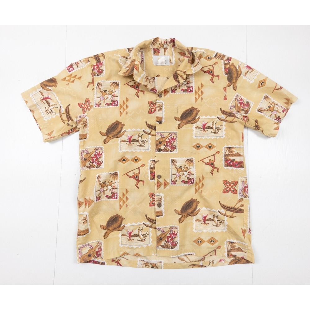 Ho Aloha Shirt Mens Medium Beige Hawaiian Button Up Short Sleeve Turtle Collared